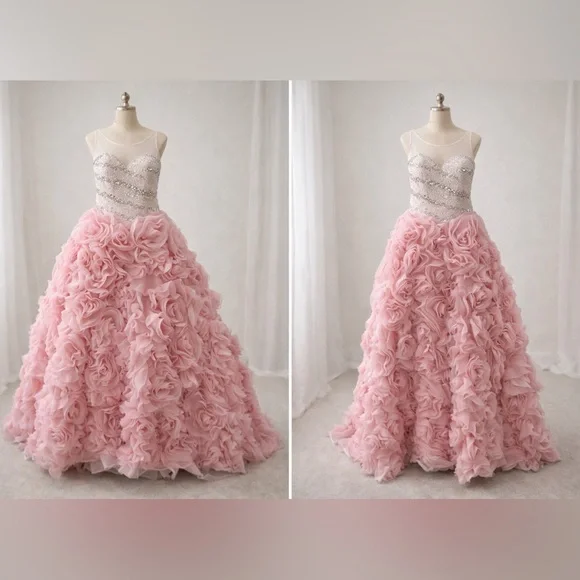 Blush Pink Beaded Ball Gown with Rosette Skirt – Medium Fit - Picture 3 of 16